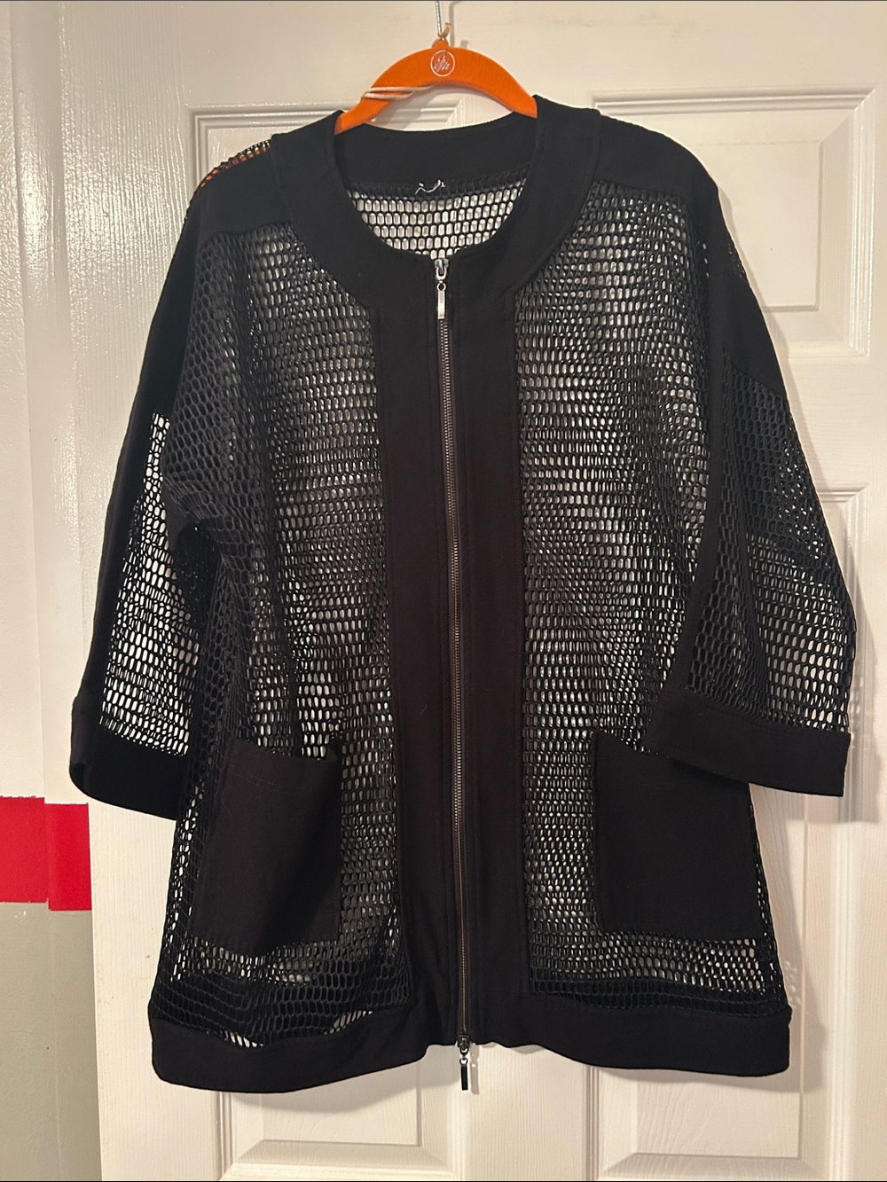 Black Mesh Zip-Front Bomber-Style Jacket